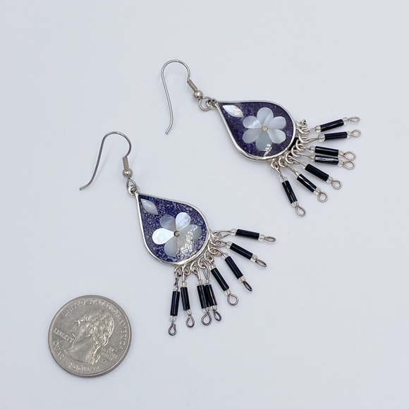 Vintage Alpaca Mexico Mother Of Pearl Long Dangle Earrings - Picture 4 of 10